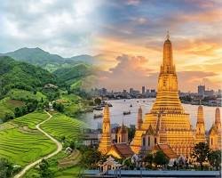 scenic landscapes of Thailand including Bangkok temples, Northern mountains, and Andaman coast beaches, AI generated